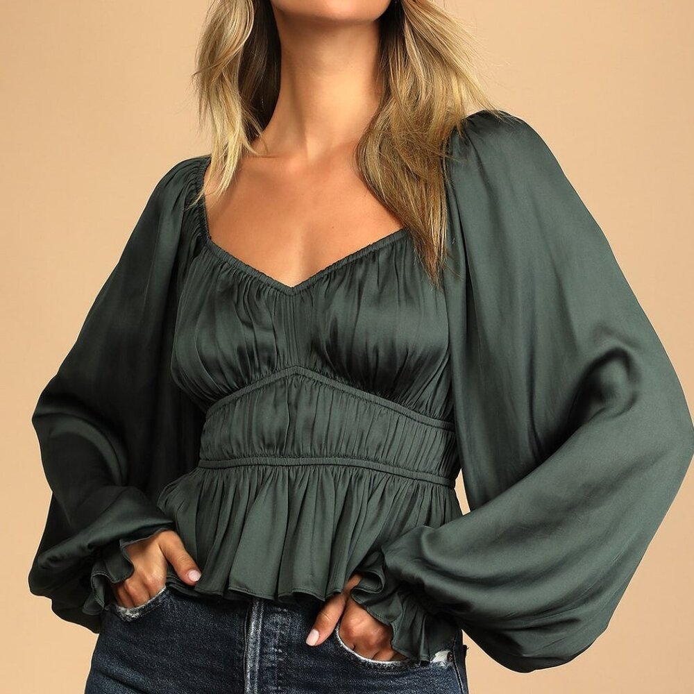 Lulus Crop Satin Long Sleeve Dark Green Top